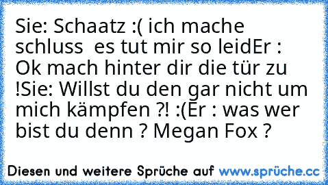 Sie: Schaatz :( ich mache schluss  es tut mir so leid
Er : Ok mach hinter dir die tür zu !
Sie: Willst du den gar nicht um mich kämpfen ?! :(
Er : was wer bist du denn ? Megan Fox ?