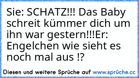 Sie: SCHATZ!!! Das Baby schreit kümmer dich um ihn war gestern!!!
Er: Engelchen wie sieht es noch mal aus !?