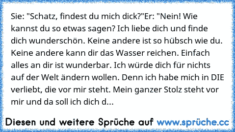 Sie: "Schatz, findest du mich dick?"
Er: "Nein! Wie kannst du so etwas sagen? Ich liebe dich und finde dich wunderschön. Keine andere ist so hübsch wie du. Keine andere kann dir das Wasser reichen. Einfach alles an dir ist wunderbar. Ich würde dich für nichts auf der Welt ändern wollen. Denn ich habe mich in DIE verliebt, die vor mir steht. Mein ganzer Stolz steht vor mir und da soll ich dich d...