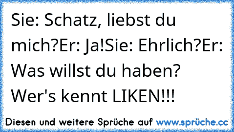 Sie: Schatz, liebst du mich?
Er: Ja!
Sie: Ehrlich?
Er: Was willst du haben? 
Wer's kennt LIKEN!!!