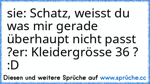 sie: Schatz, weisst du was mir gerade überhaupt nicht passt ?
er: Kleidergrösse 36 ? :D