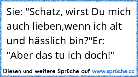 Sie: "Schatz, wirst Du mich auch lieben,
wenn ich alt und hässlich bin?"
Er: "Aber das tu ich doch!"