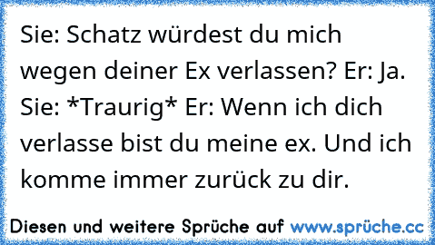 Sie: Schatz würdest du mich wegen deiner Ex verlassen? Er: Ja. Sie: *Traurig* Er: Wenn ich dich verlasse bist du meine ex. Und ich komme immer zurück zu dir.