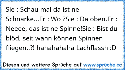 Sie : Schau mal da ist ne Schnarke...
Er : Wo ?
Sie : Da oben.
Er : Neeee, das ist ne Spinne!
Sie : Bist du blöd, seit wann können Spinnen fliegen..?! 
hahahahaha Lachflassh :D