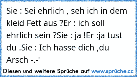 Sie : Sei ehrlich , seh ich in dem kleid Fett aus ?
Er : ich soll ehrlich sein ?
Sie : ja !
Er :ja tust du .
Sie : Ich hasse dich ,du Arsch -.-'