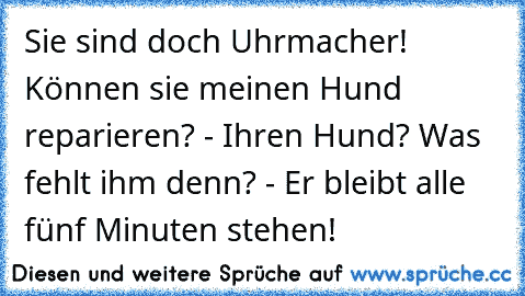 Sie sind doch Uhrmacher! Können sie meinen Hund reparieren? - Ihren Hund? Was fehlt ihm denn? - Er bleibt alle fünf Minuten stehen!