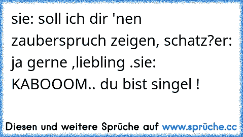 sie: soll ich dir 'nen zauberspruch zeigen, schatz?
er: ja gerne ,liebling .
sie: KABOOOM.. du bist singel !