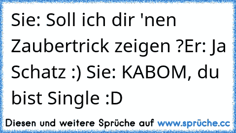 Sie: Soll ich dir 'nen Zaubertrick zeigen ?
Er: Ja Schatz :) ♥
Sie: KABOM, du bist Single :D