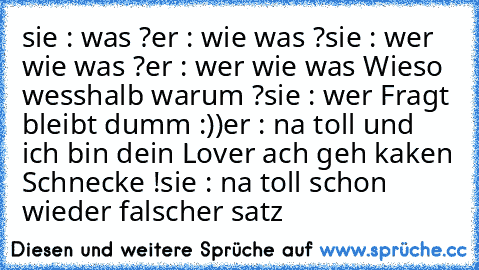 sie : was ?
er : wie was ?
sie : wer wie was ?
er : wer wie was Wieso wesshalb warum ?
sie : wer Fragt bleibt dumm :))
er : na toll und ich bin dein Lover ach geh kaken Schnecke !
sie : na toll schon wieder falscher satz