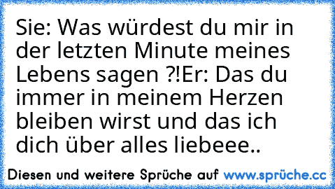 Sie: Was würdest du mir in der letzten Minute meines Lebens sagen ?!
Er: Das du immer in meinem Herzen bleiben wirst und das ich dich über alles liebeee..
♥♥♥♥♥♥♥♥♥