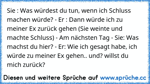 Sie : Was würdest du tun, wenn ich Schluss machen würde? - Er : Dann würde ich zu meiner Ex zurück gehen (Sie weinte und machte Schluss) - Am nächsten Tag - Sie: Was machst du hier? - Er: Wie ich gesagt habe, ich würde zu meiner Ex gehen.. und? willst du mich zurück?