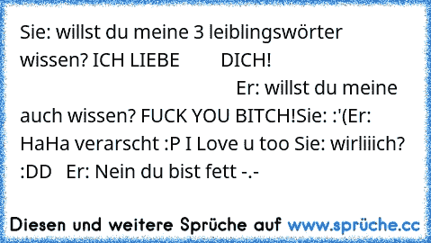 Sie: willst du meine 3 leiblingswörter wissen? ICH LIEBE         DICH!                                                                                Er: willst du meine auch wissen? FUCK YOU BITCH!
Sie: :'(
Er: HaHa verarscht :P I Love u too ♥
Sie: wirliiich? :DD ♥ ♥ ♥
Er: Nein du bist fett -.-