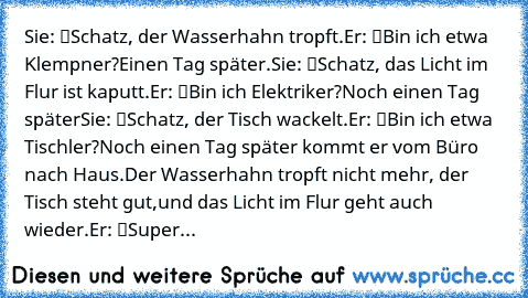 Sie: “Schatz, der Wasserhahn tropft.”
Er: “Bin ich etwa Klempner?”
Einen Tag später.
Sie: “Schatz, das Licht im Flur ist kaputt.”
Er: “Bin ich Elektriker?”
Noch einen Tag später
Sie: “Schatz, der Tisch wackelt.”
Er: “Bin ich etwa Tischler?”
Noch einen Tag später kommt er vom Büro nach Haus.
Der Wasserhahn tropft nicht mehr, der Tisch steht gut,
und das Licht im Flur geht auch wieder.
Er: “Super...