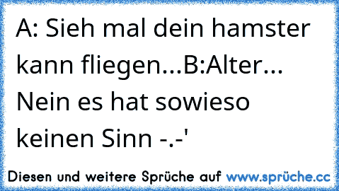 A: Sieh mal dein hamster kann fliegen...
B:Alter... Nein es hat sowieso keinen Sinn -.-'