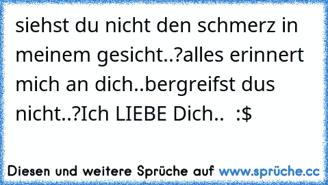 siehst du nicht den schmerz in meinem gesicht..?
alles erinnert mich an dich..
bergreifst dus nicht..?
Ich LIEBE Dich.. ♥ :$