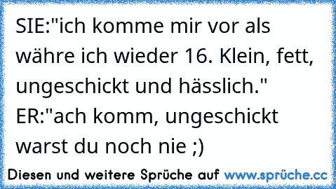 SIE:"ich komme mir vor als währe ich wieder 16. Klein, fett, ungeschickt und hässlich." ER:"ach komm, ungeschickt warst du noch nie ;)