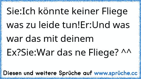 Sie:Ich könnte keiner Fliege was zu leide tun!
Er:Und was war das mit deinem Ex?
Sie:War das ne Fliege? ^^