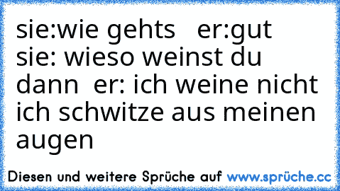 sie:wie gehts   er:gut   sie: wieso weinst du dann  er: ich weine nicht ich schwitze aus meinen augen