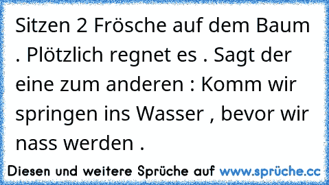 Sitzen 2 Frösche auf dem Baum . Plötzlich regnet es . Sagt der eine zum anderen : Komm wir springen ins Wasser , bevor wir nass werden .