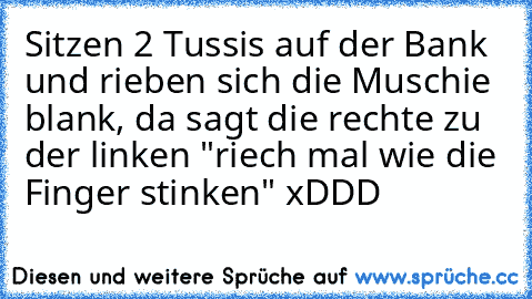 Sitzen 2 Tussis auf der Bank und rieben sich die Muschie blank, da sagt die rechte zu der linken "riech mal wie die Finger stinken" xDDD