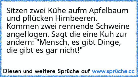 Sitzen zwei Kühe aufm Apfelbaum und pflücken Himbeeren. Kommen zwei rennende Schweine angeflogen. Sagt die eine Kuh zur andern: "Mensch, es gibt Dinge, die gibt es gar nicht!"