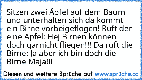 Sitzen zwei Äpfel auf dem Baum und unterhalten sich da kommt ein Birne vorbeigeflogen! Ruft der eine Apfel: Hej Birnen können doch garnicht fliegen!!! Da ruft die Birne: Ja aber ich bin doch die Birne Maja!!!