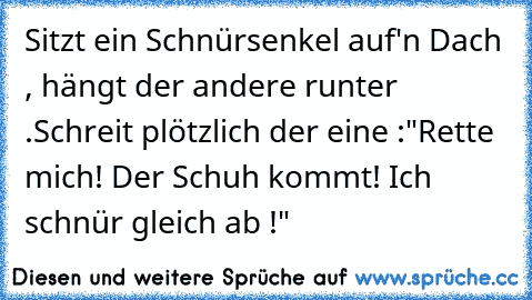 Sitzt ein Schnürsenkel auf'n Dach , hängt der andere runter .
Schreit plötzlich der eine :"Rette mich! Der Schuh kommt! Ich schnür gleich ab !"