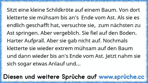 Sitzt eine kleine Schildkröte auf einem Baum. Von dort kletterte sie mühsam bis an's  Ende vom Ast. Als sie es endlich geschafft hat, versuchte sie,  zum nächsten zu Ast springen. Aber vergeblich. Sie fiel auf den Boden. Harter Aufprall. Aber sie gab nicht auf. Nochmals kletterte sie wieder extrem mühsam auf den Baum und dann wieder bis an's Ende vom Ast. Jetzt nahm sie sich sogar etwas Anlauf und...