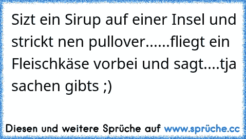 Sizt ein Sirup auf einer Insel und strickt nen pullover......fliegt ein Fleischkäse vorbei und sagt....tja sachen gibts ;)