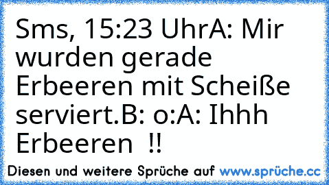 Sms, 15:23 Uhr
A: Mir wurden gerade Erbeeren mit Scheiße serviert.
B: o:
A: Ihhh Erbeeren  !!