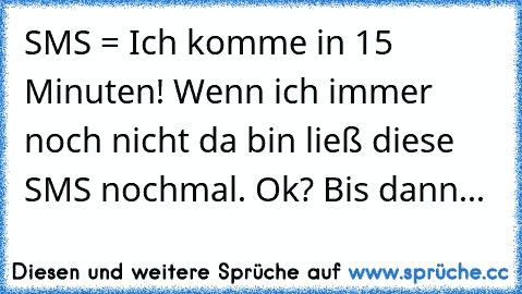 SMS = Ich komme in 15 Minuten! Wenn ich immer noch nicht da bin ließ diese SMS nochmal. Ok? Bis dann...