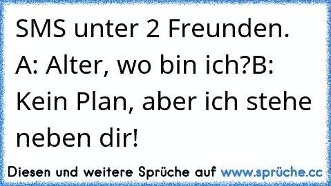 SMS unter 2 Freunden. 
A: Alter, wo bin ich?
B: Kein Plan, aber ich stehe neben dir!