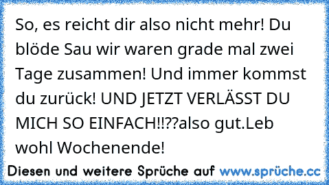 So, es reicht dir also nicht mehr! Du blöde Sau wir waren grade mal zwei Tage zusammen! Und immer kommst du zurück! UND JETZT VERLÄSST DU MICH SO EINFACH!!??
also gut.
Leb wohl Wochenende!