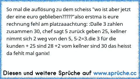 So mal die auflösung zu dem scheiss "wo ist aber jetzt der eine euro geblieben?????"
also erstma is eure rechnung fehl am platz
aaachtung: :D
alle 3 zahlen zusammen 30€, chef sagt 5€ zurück geben 25€, kellner nimmt sich 2 weg von den 5, 5-2=3.
die 3 für die kunden + 25€ sind 28€ +2€ vom kellner sind 30€ das heisst da fehlt mal ganix!