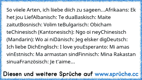 So viiele Arten, ich liiebe diich zu sageen...♥
Afrikaans: Ek het jou Lief
Albanisch: Te dua
Baskisch: Maite zaitut
Bosnisch: Volim te
Bulgarisch: Obicham te
Chinesisch (Kantonesisch): Ngo oi ney
Chinesisch (Mandarin): Wo ai ni
Dänisch: Jeg elsker dig
Deutsch: Ich liebe Dich
Englisch: I love you
Esperanto: Mi amas vin
Estnisch: Ma armastan sind
Finnisch: Mina Rakastan sinua
Französisch: Je t'ai...