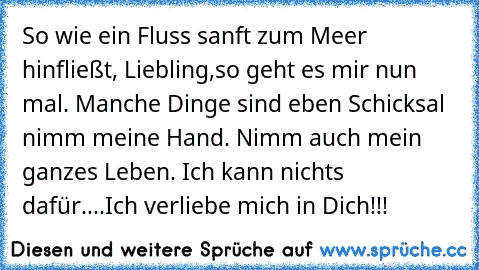 So wie ein Fluss sanft zum Meer hinfließt, Liebling,so geht es mir nun mal. Manche Dinge sind eben Schicksal nimm meine Hand. Nimm auch mein ganzes Leben. Ich kann nichts dafür....Ich verliebe mich in Dich!!!