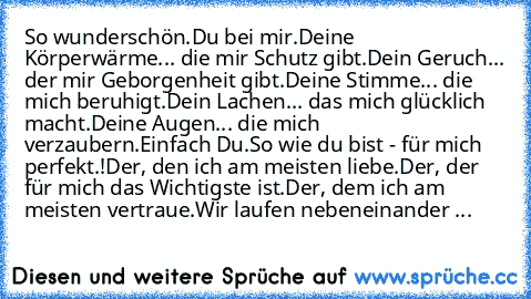 So wunderschön.
Du bei mir.
Deine Körperwärme... die mir Schutz gibt.
Dein Geruch... der mir Geborgenheit gibt.
Deine Stimme... die mich beruhigt.
Dein Lachen... das mich glücklich macht.
Deine Augen... die mich verzaubern.
Einfach Du.
So wie du bist - für mich perfekt.!
Der, den ich am meisten liebe.
Der, der für mich das Wichtigste ist.
Der, dem ich am meisten vertraue.
Wir laufen nebeneinand...