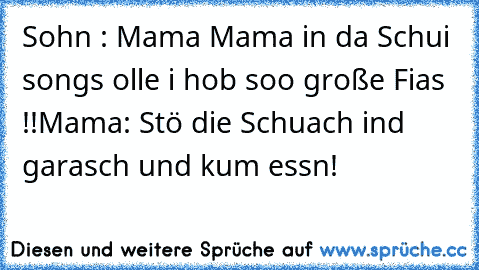 Sohn : Mama Mama in da Schui songs olle i hob soo große Fias !!
Mama: Stö die Schuach ind garasch und kum essn!