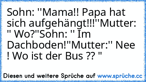 Sohn: ''Mama!! Papa hat sich aufgehängt!!!''
Mutter: '' Wo?''
Sohn: '' Im Dachboden!''
Mutter:'' Nee ! Wo ist der Bus ?? "