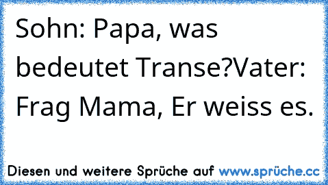 Sohn: Papa, was bedeutet Transe?
Vater: Frag Mama, Er weiss es.