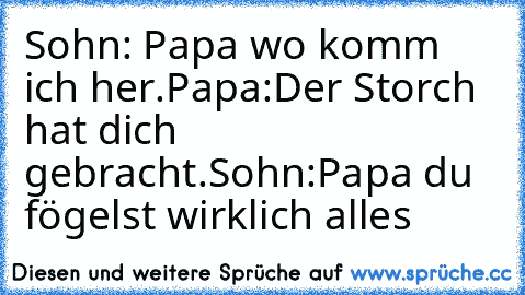 Sohn: Papa wo komm ich her.
Papa:Der Storch hat dich gebracht.
Sohn:Papa du fögelst wirklich alles