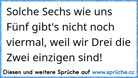 Solche Sechs wie uns Fünf gibt's nicht noch viermal, weil wir Drei die Zwei einzigen sind!