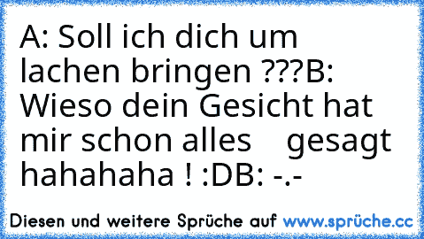 A: Soll ich dich um lachen bringen ???
B: Wieso dein Gesicht hat mir schon alles
    gesagt hahahaha ! :D
B: -.-´