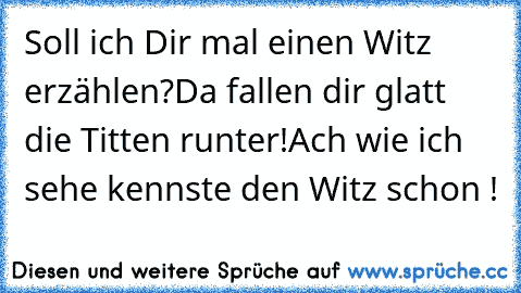 Soll ich Dir mal einen Witz erzählen?
Da fallen dir glatt die Titten runter!
Ach wie ich sehe kennste den Witz schon !