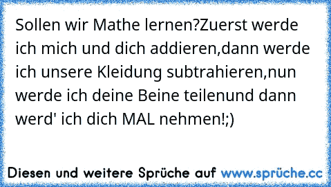 Sollen wir Mathe lernen?
Zuerst werde ich mich und dich addieren,
dann werde ich unsere Kleidung subtrahieren,
nun werde ich deine Beine teilen
und dann werd' ich dich MAL nehmen!
;)