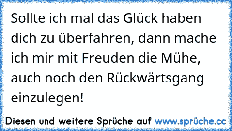 Sollte ich mal das Glück haben dich zu überfahren, dann mache ich mir mit Freuden die Mühe, auch noch den Rückwärtsgang einzulegen!