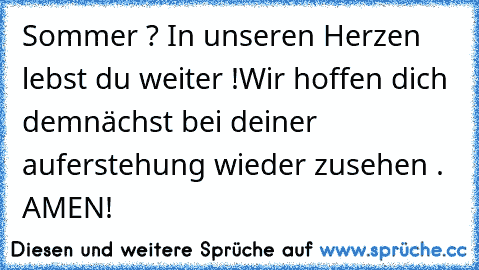 Sommer ? In unseren Herzen lebst du weiter !
Wir hoffen dich demnächst bei deiner auferstehung wieder zusehen . AMEN!