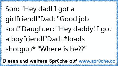 Son: "Hey dad! I got a girlfriend!"
Dad: "Good job son!"
Daughter: "Hey daddy! I got a boyfriend!"
Dad: *loads shotgun* "Where is he??"