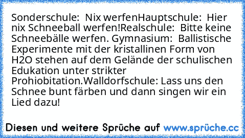 Sonderschule:  Nix werfen
Hauptschule:  Hier nix Schneeball werfen!
Realschule:  Bitte keine Schneebälle werfen. 
Gymnasium:  Ballistische Experimente mit der kristallinen Form von H2O stehen auf dem Gelände der schulischen Edukation unter strikter Prohiobitation.
Walldorfschule: Lass uns den Schnee bunt färben und dann singen wir ein Lied dazu! ♥