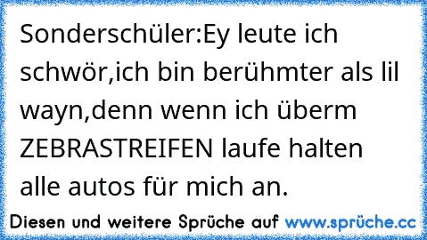 Sonderschüler:Ey leute ich schwör,ich bin berühmter als lil wayn,denn wenn ich überm ZEBRASTREIFEN laufe halten alle autos für mich an.